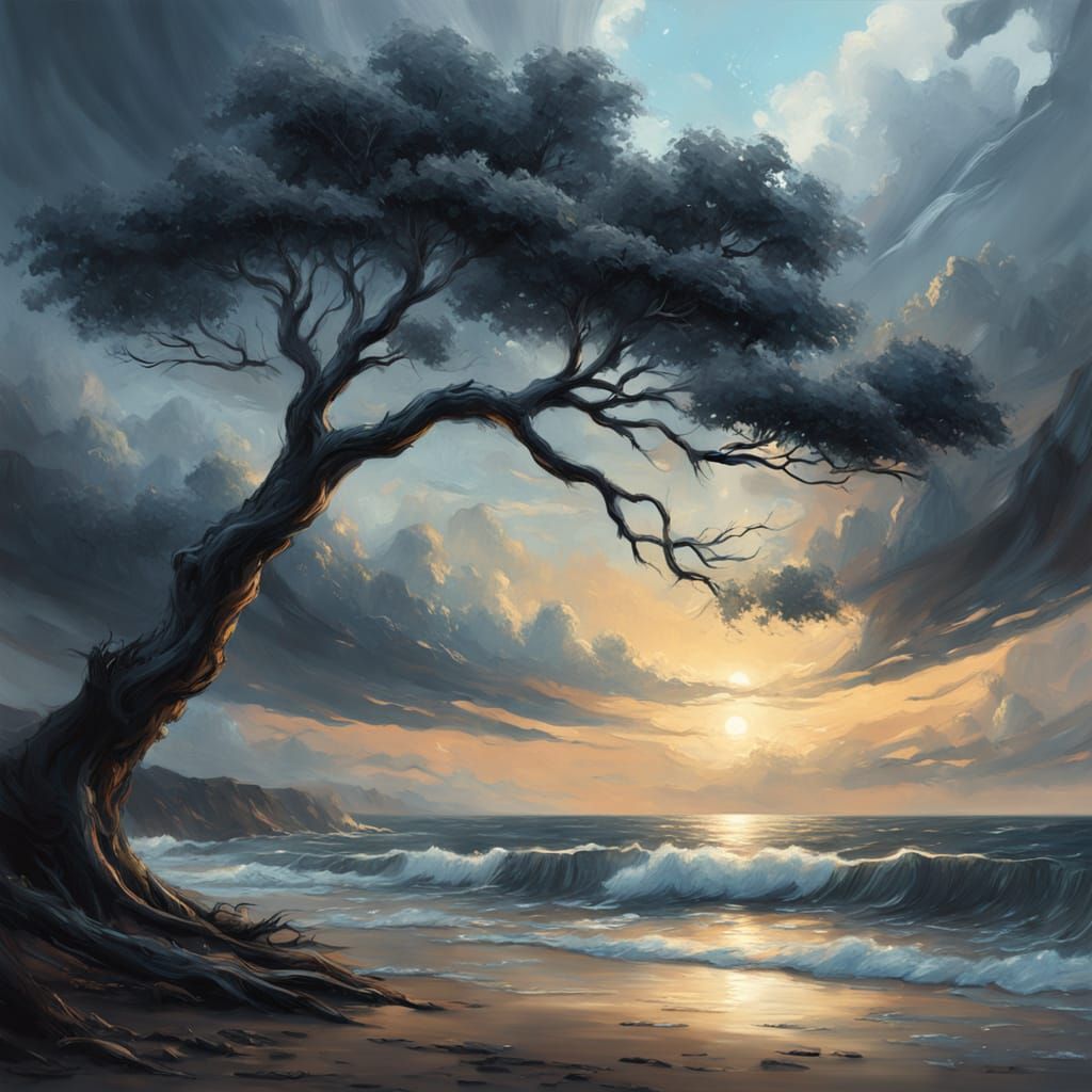 Oil Painting of Silhouetted Trees Over Churning Sea
