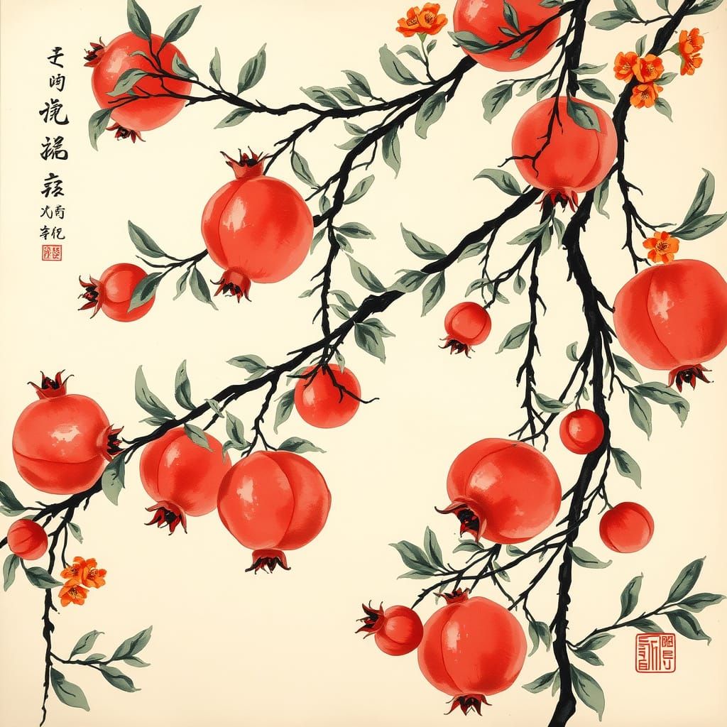 Chinese Ink Painting of Pomegranate Branches with Red Fruit