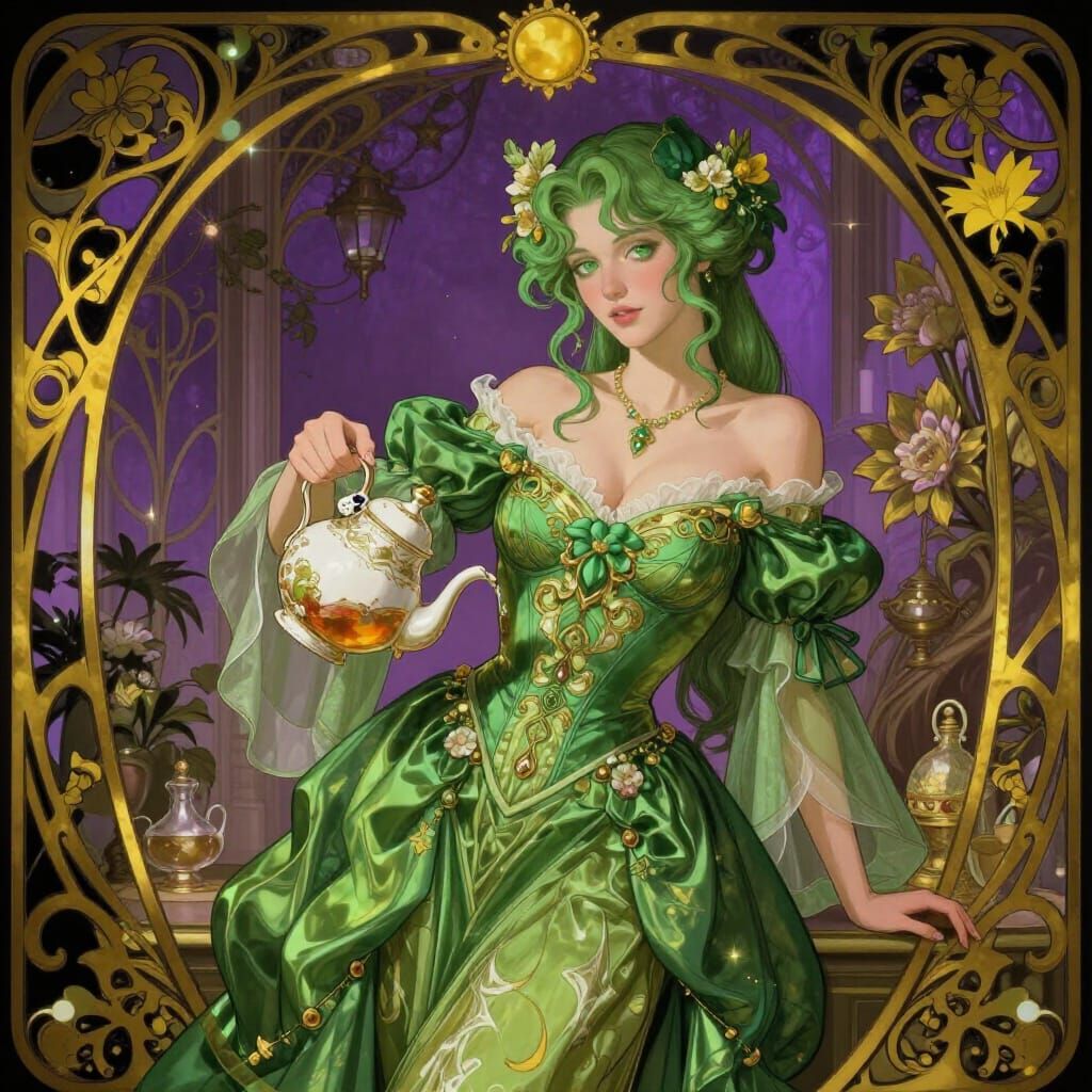 Green Haired Maiden in Art Nouveau Style Pours Tea