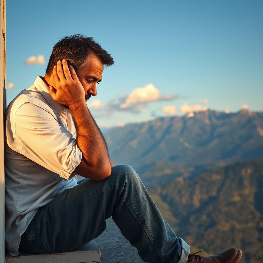 Man on Balcony Overlooking Mountains, Hyperrealistic Image