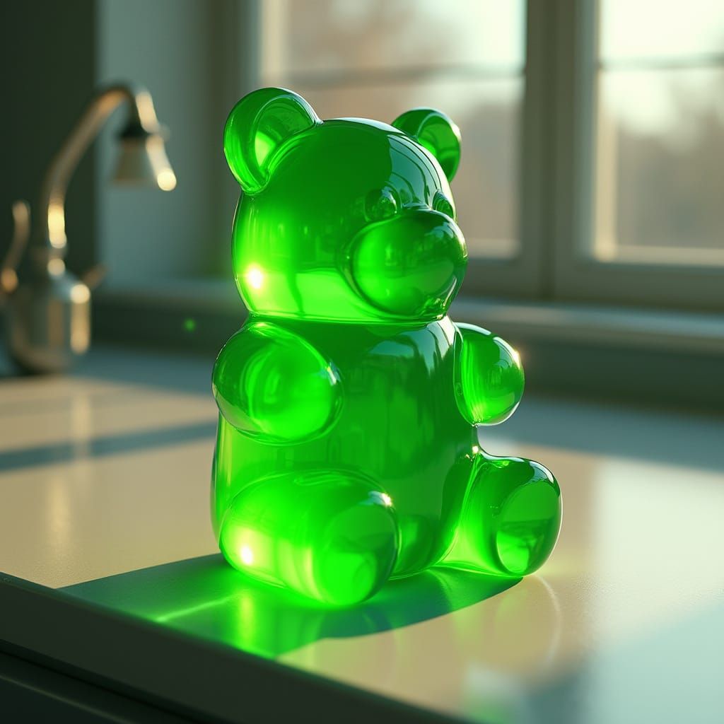 Giant Glass Gummy Bear in Hyperrealistic Style