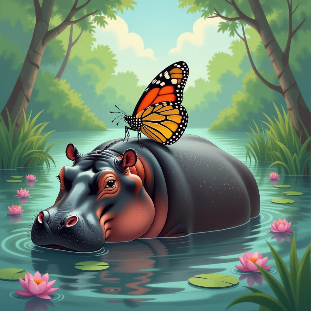 Butterfly Lands on Hippo in Rousseau-Inspired Jungle Scene