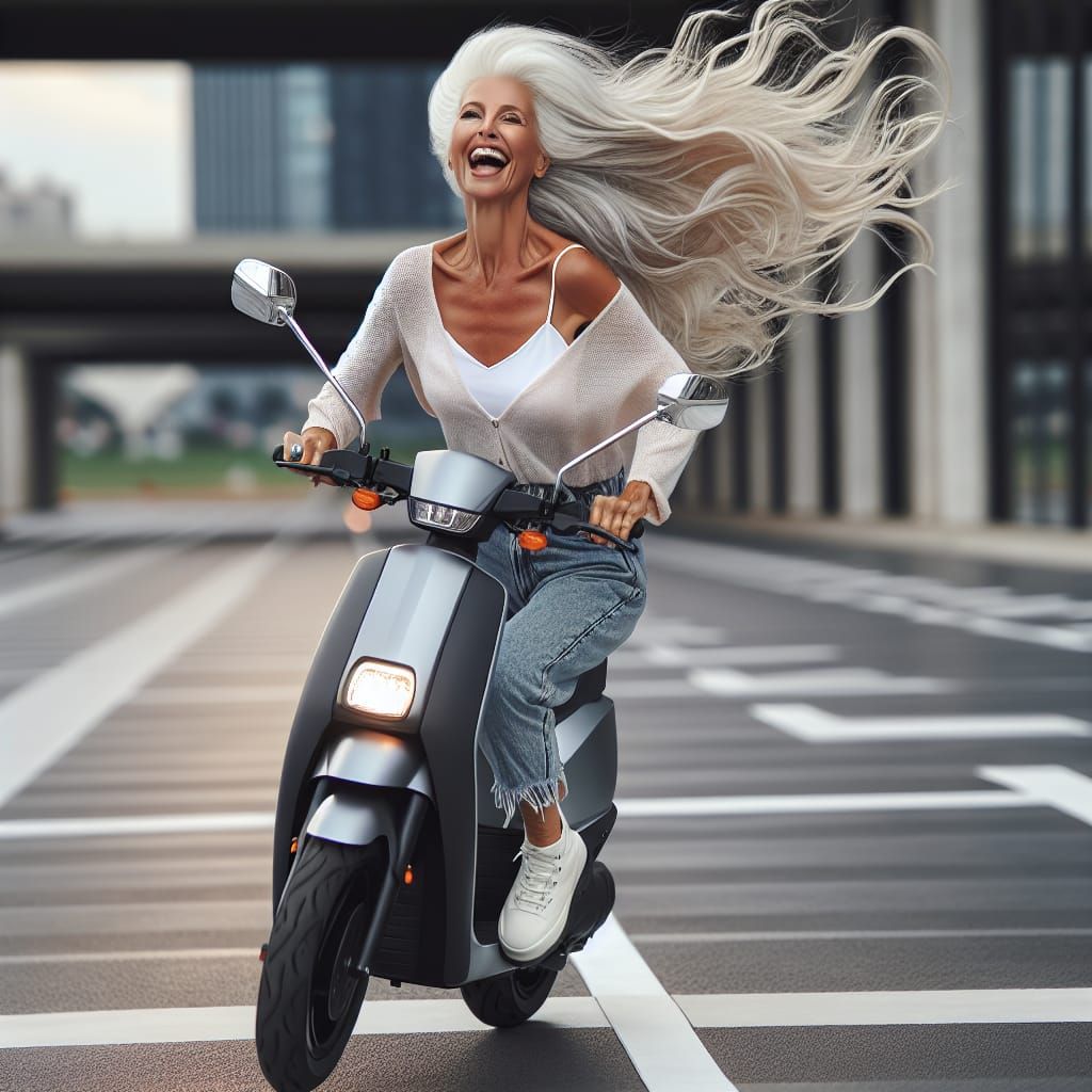 Woman with White Hair Rides Scooter
