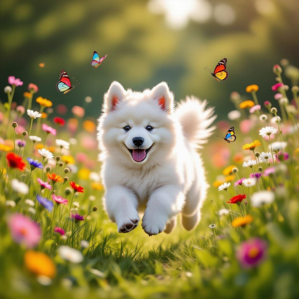 Samoyed Puppy's Joyful Leap Through Wildflower Field