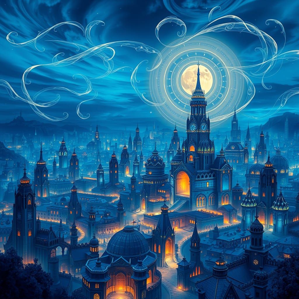 Mystical Metropolis in Ombre Blues, Inspired by Concept Arti...