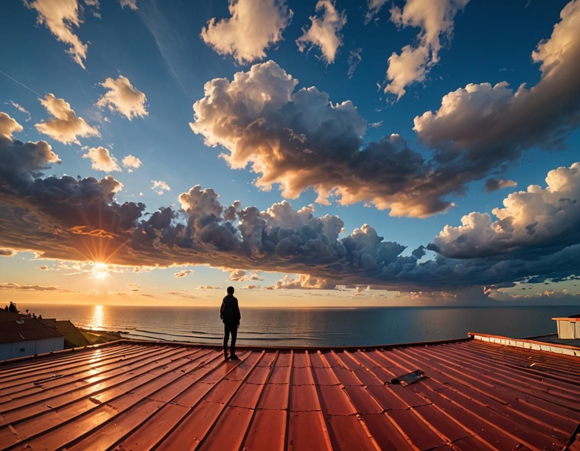 Ocean Sunrise Panorama from Rooftop, Impasto Style