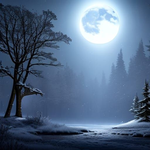 Eerie Winter Night: White Fox in Dark Forest