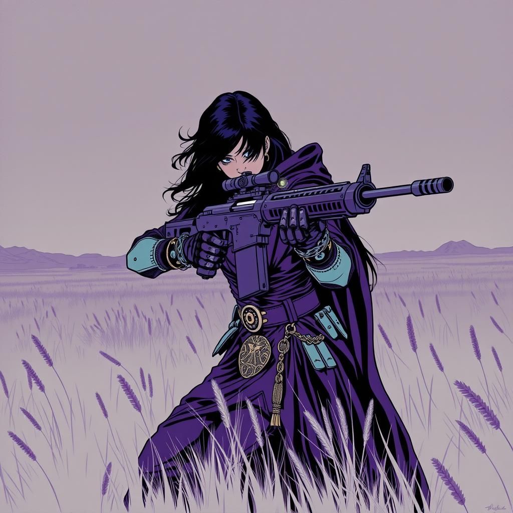 Cyborg Huntress in Ultraviolet Grasslands, Minimalist Illust...