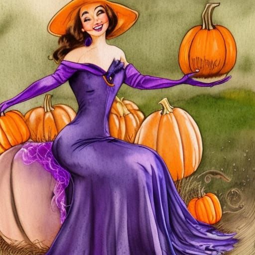 Whimsical Witch on Pumpkin in Watercolour Style