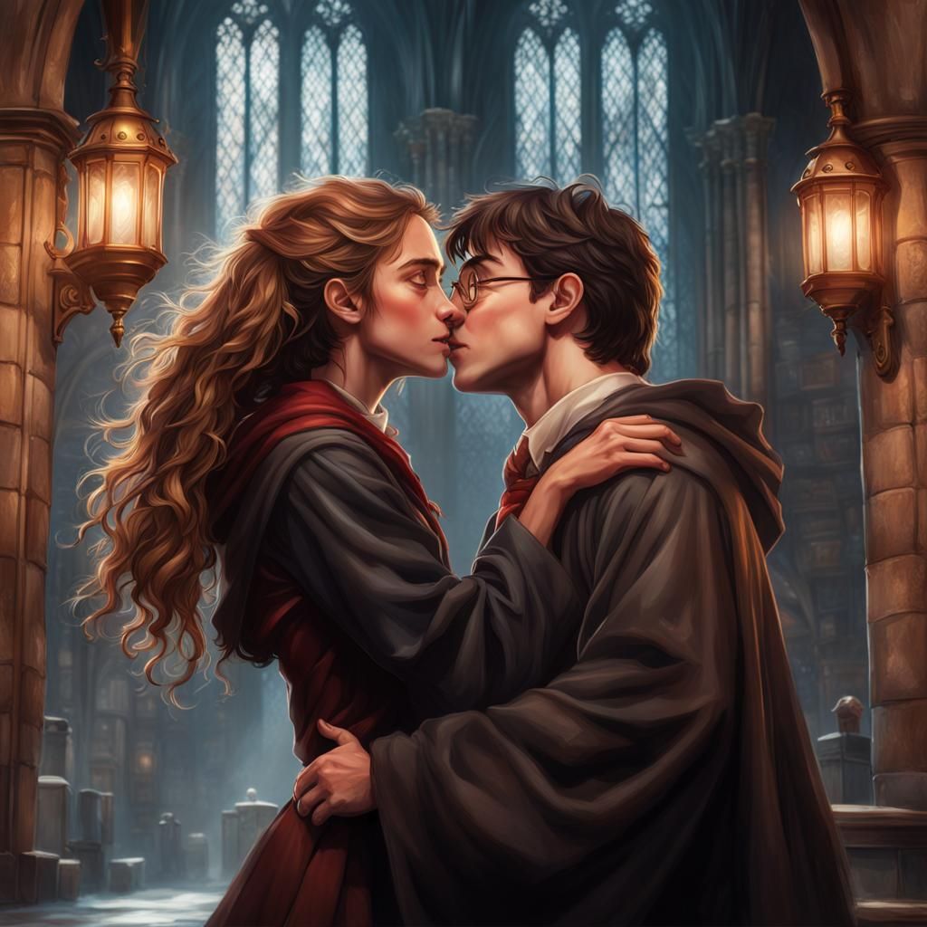 Harry Potter and Hermione Kissing: Detailed Portrait