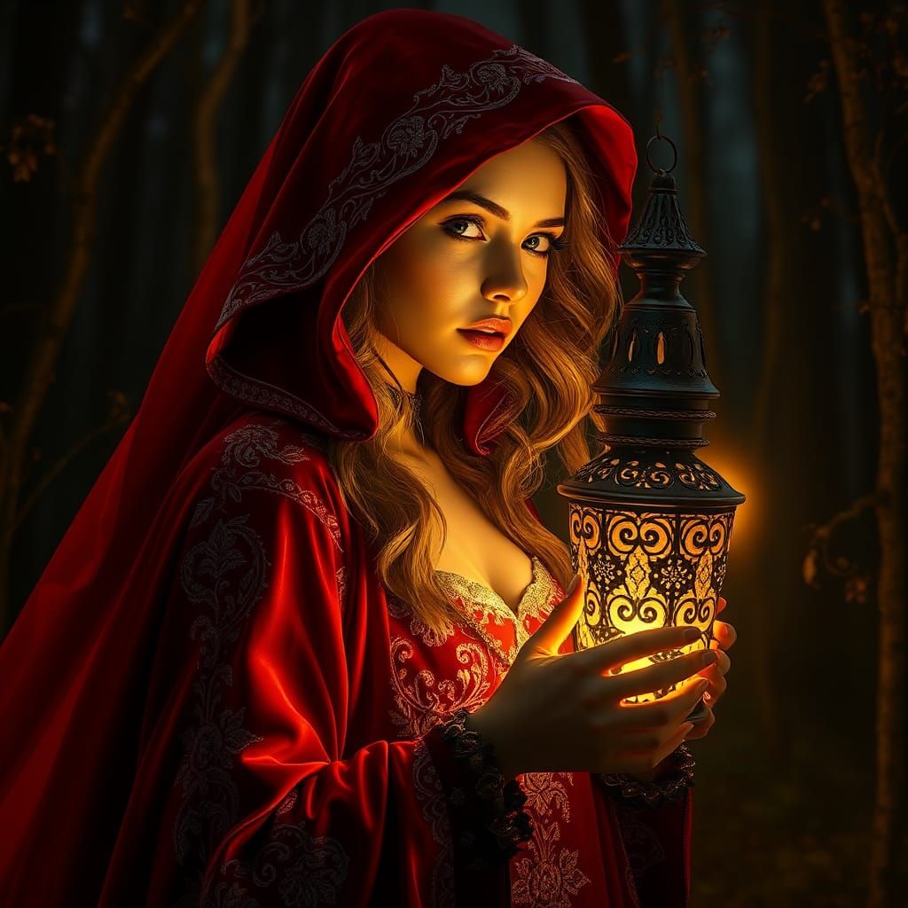 Red Cloak in Mystical Forest, Art Nouveau Style
