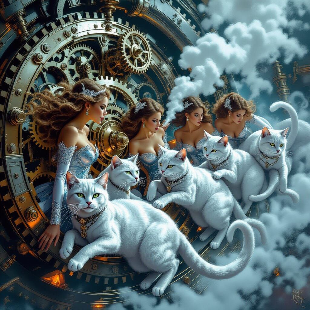 Women Transform Into Silver Cats Amidst Steampunk Engine