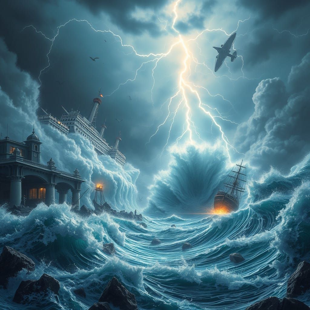 Turbulent Aquarius Sea with Lightning and Mass Destruction