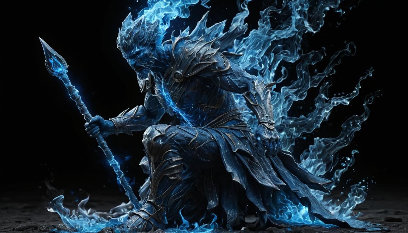 Blue Fire Warrior God Disintegrating: Hyperrealistic Digital...