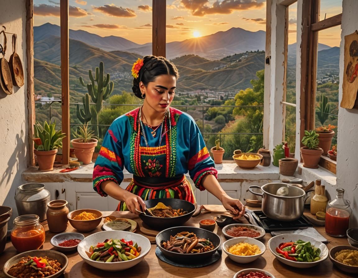 Latina Woman Cooking Fajitas, Frida Kahlo Style