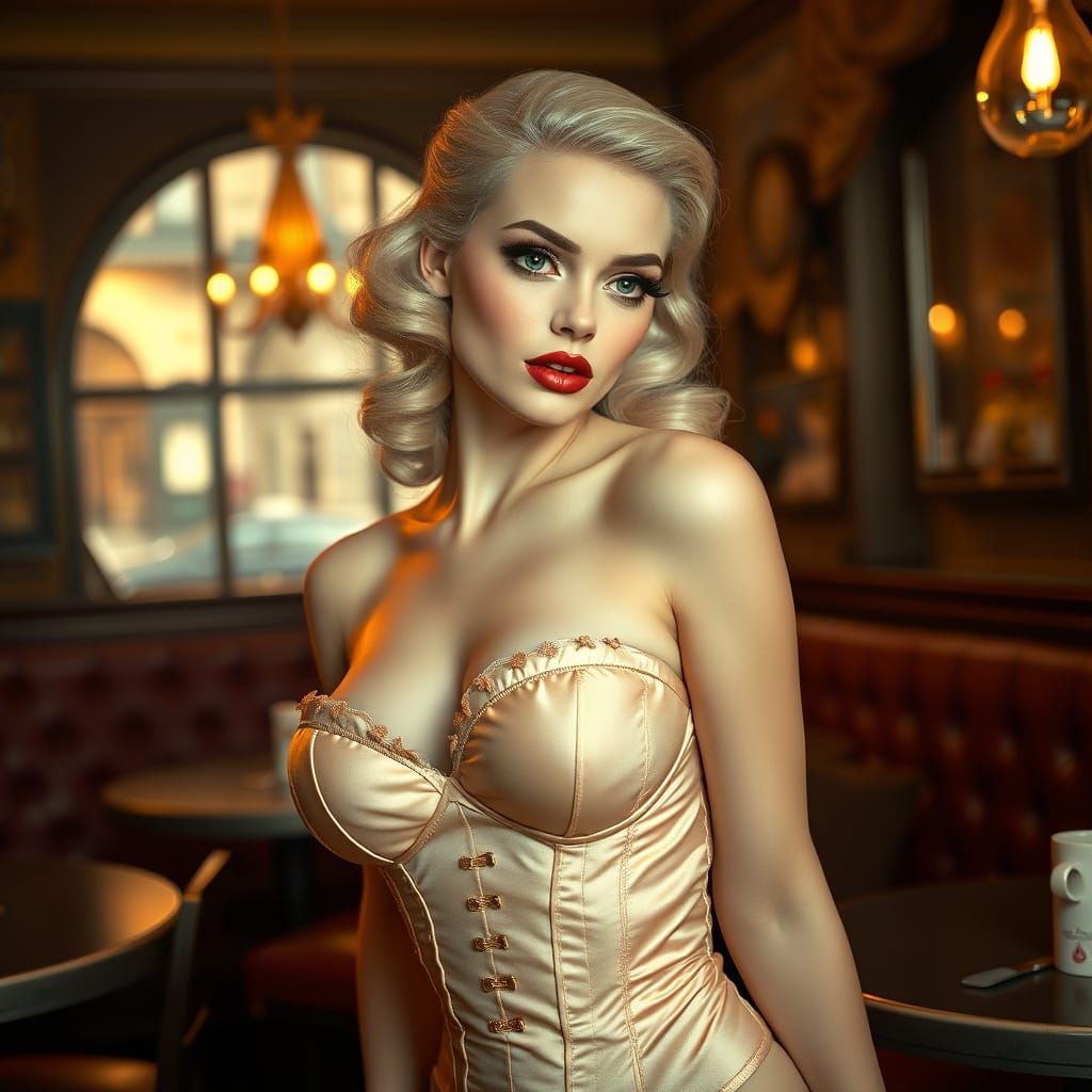 Vintage Pin-Up Model in Parisian Café
