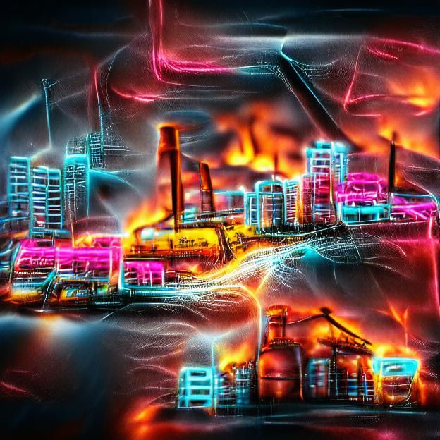 Neon Industrial City Ablaze: 8K Digital Art