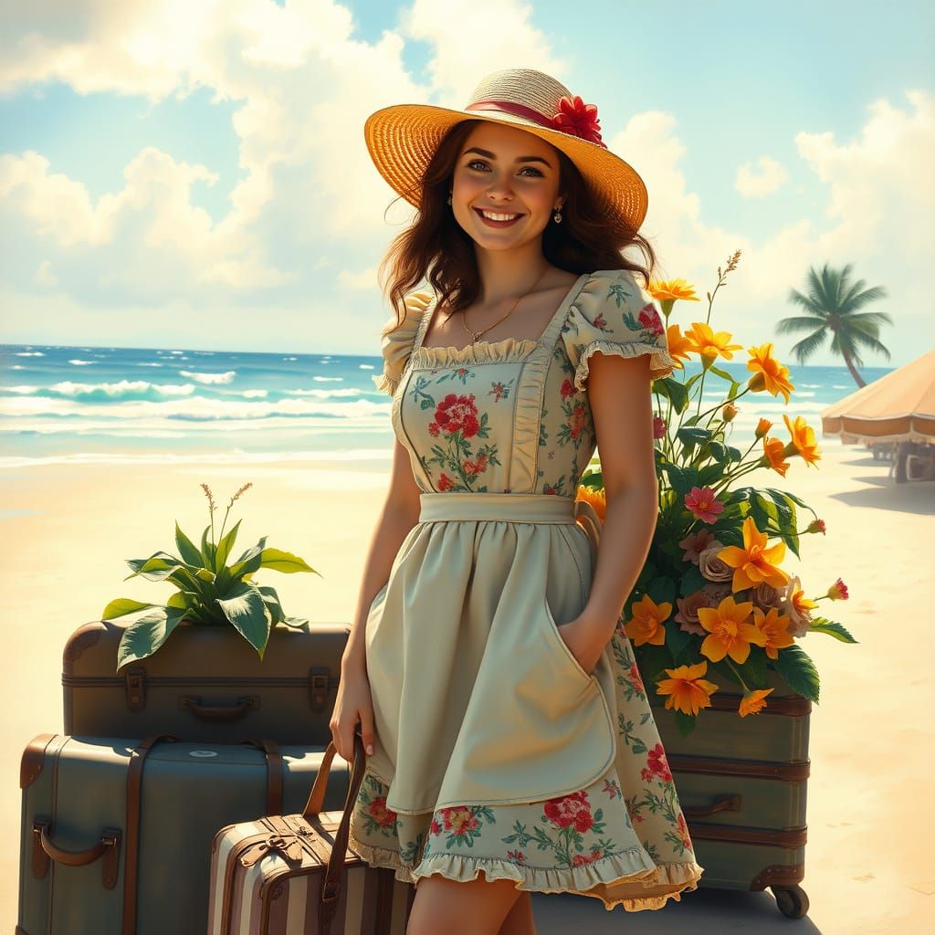 Young Woman on Tropical Beach in Sentimental Realism Style