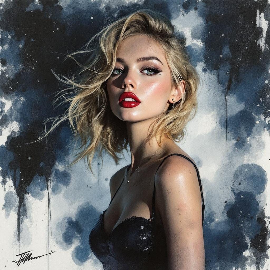 Vintage Pin-Up in Whiskey-Splatter Watercolor Style