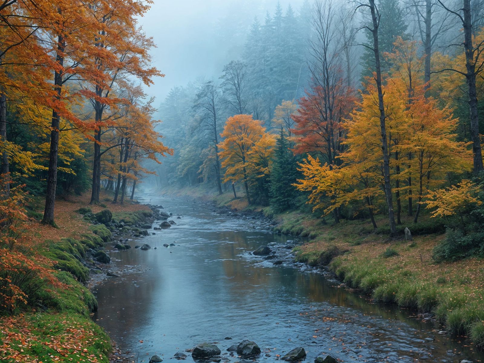 Photorealistic Autumn Forest with Reflective Stream
