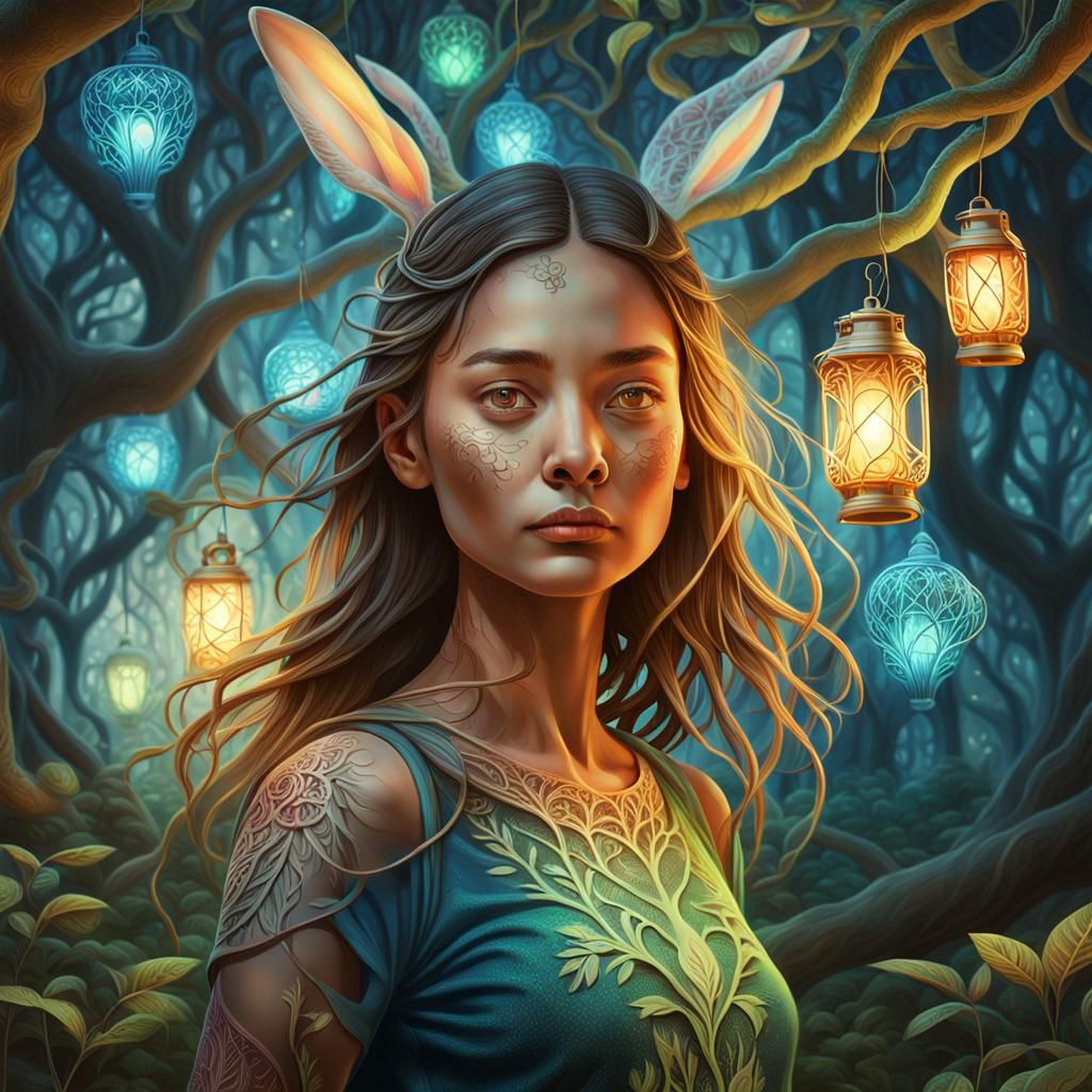 Surreal Portrait in Mystical Fluorescent Garden