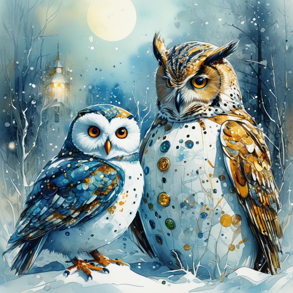 Snowman and Owl in Digital Watercolor Painting