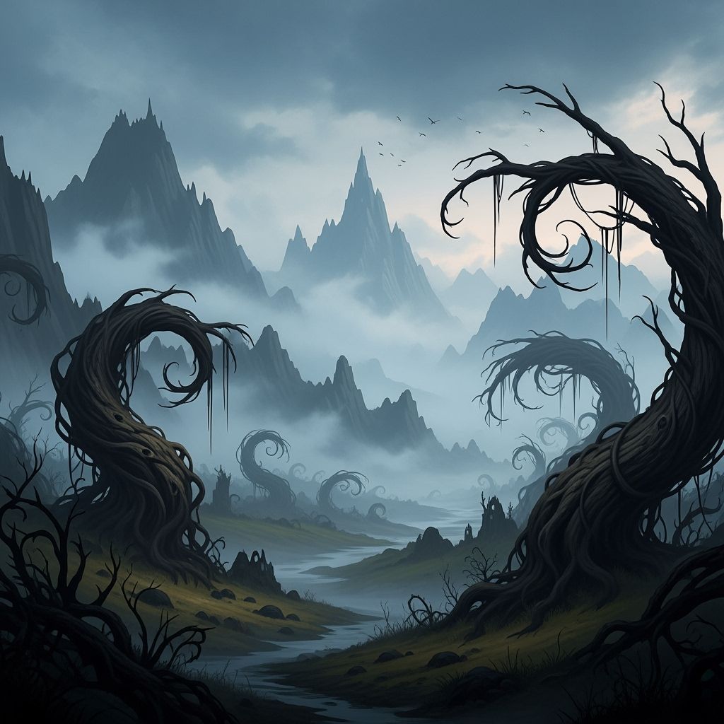 Eerie Dark Fantasy Landscape with Misty Mountains