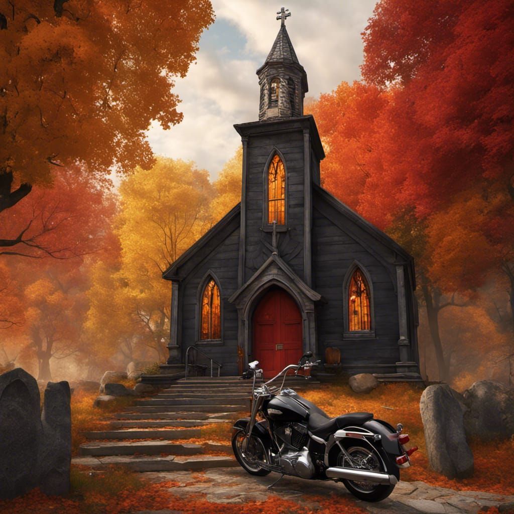 Gothic Chapel with Motorcycle in Autumnal Splendor