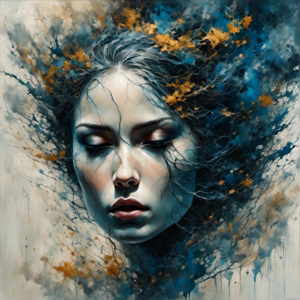 Depressed Woman in Watery Reflection: Dark Fantasy Art