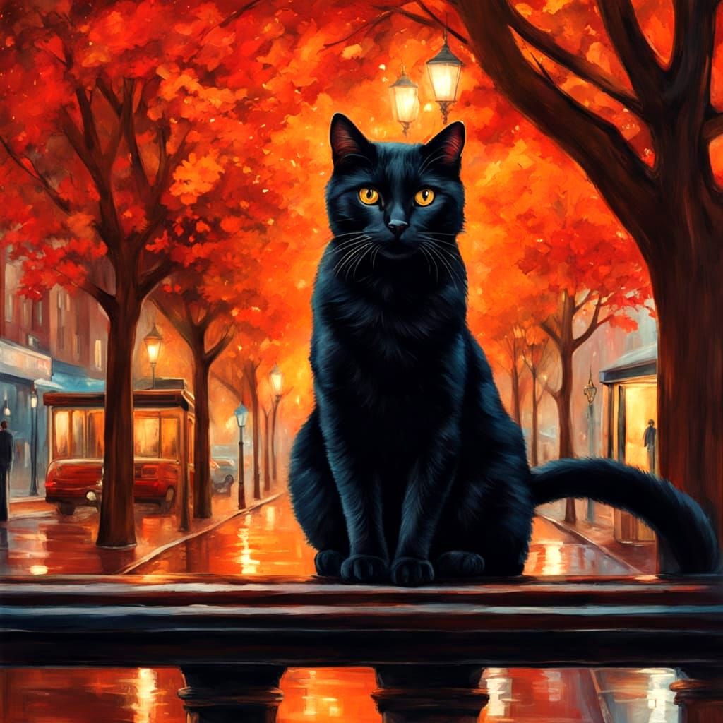 Surreal City Night Scene with Elegant Black Cat
