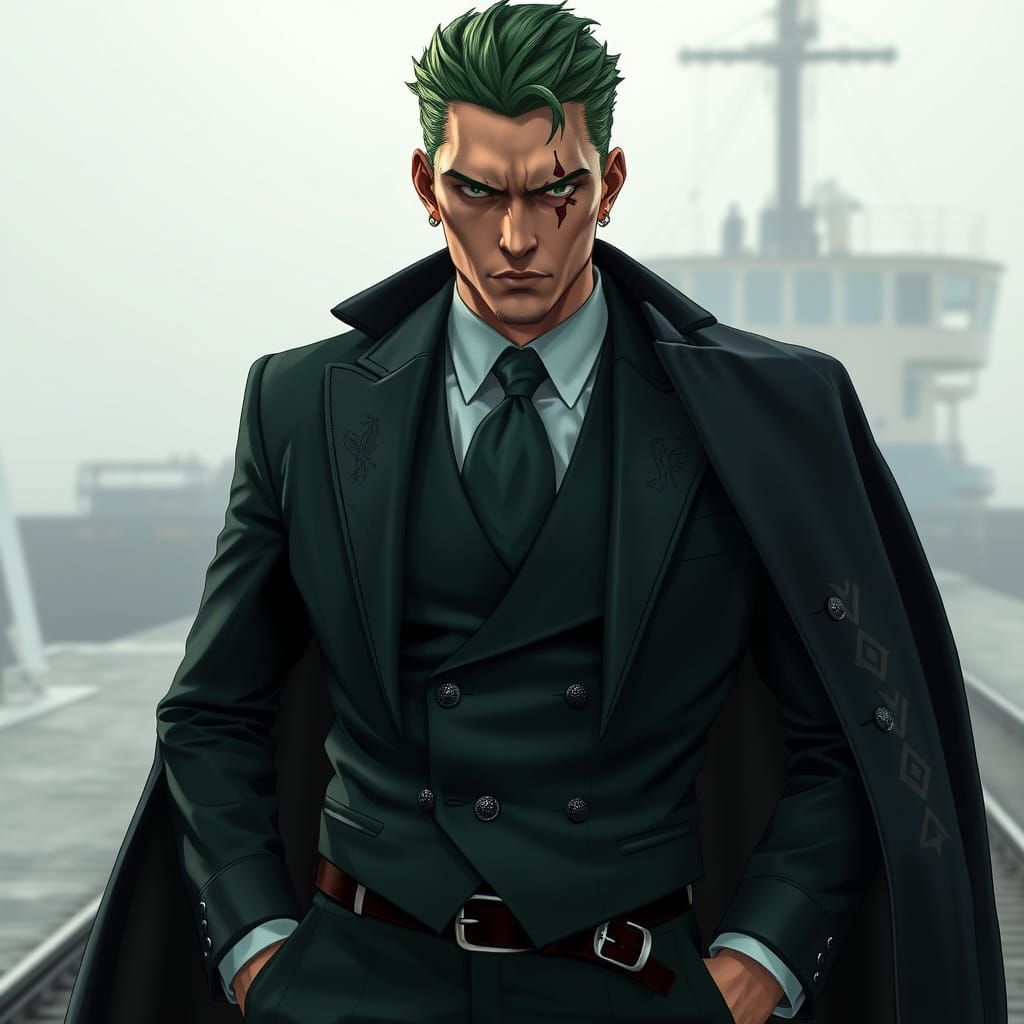 Cyberpunk Enforcer in Forest Green Three-Piece Suit