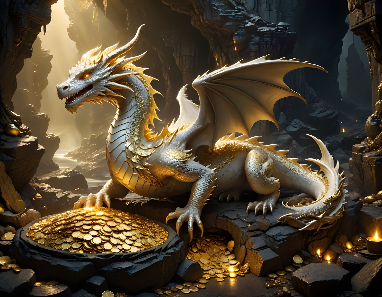 Majestic Dragon Guarding Glittering Gold Treasure Hoard
