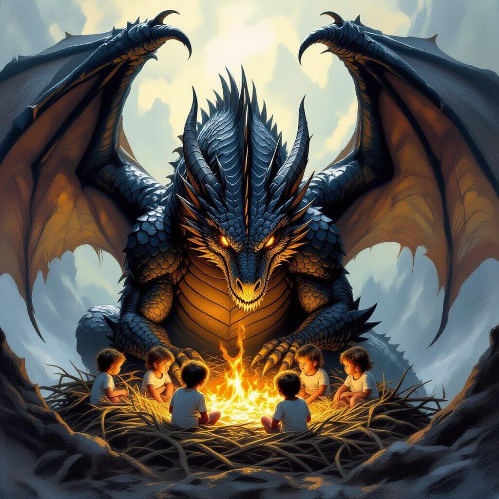 Dragon Guardian Protecting Orphans in Epic Fantasy Style