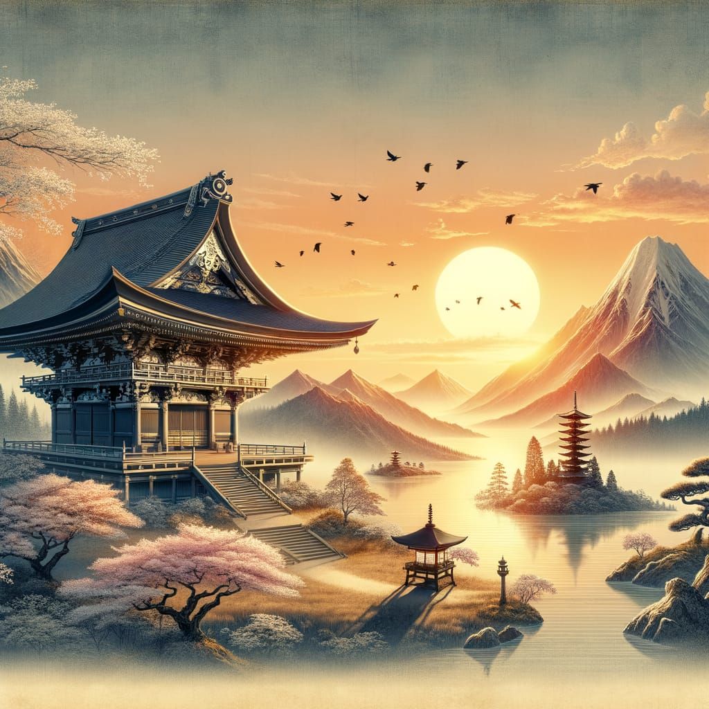 Japanese Shinto Architecture at Sunrise