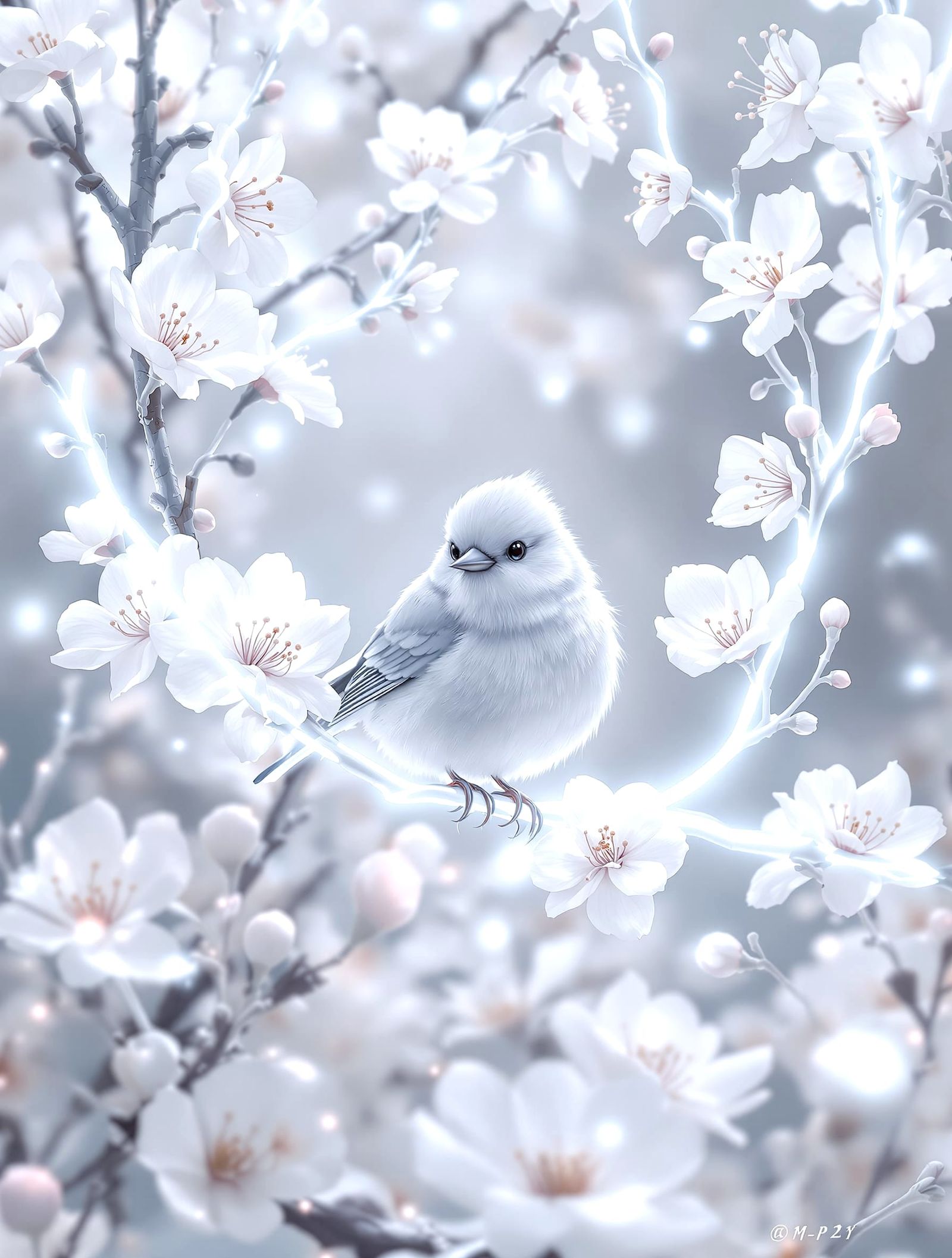 Monochromatic Watercolor Bird in Ethereal White Garden
