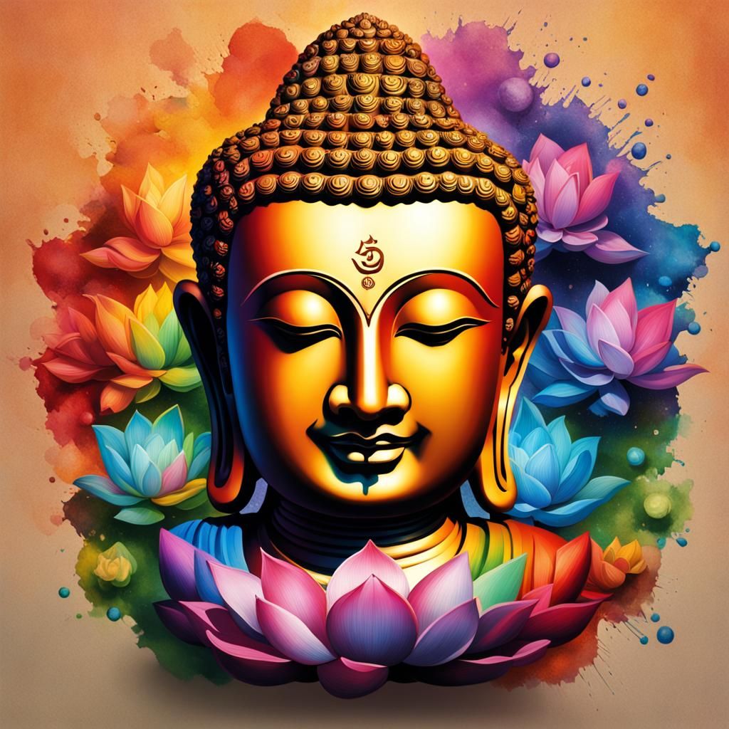 Rainbow Buddha Portrait with Lotus and Om Sign