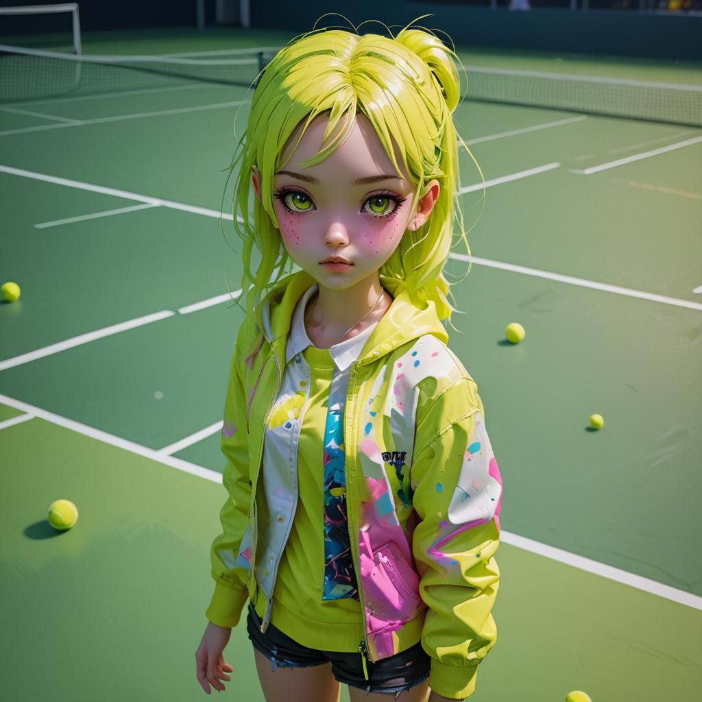 Neon Kawaii Girl on Tennis Court, Digital Art