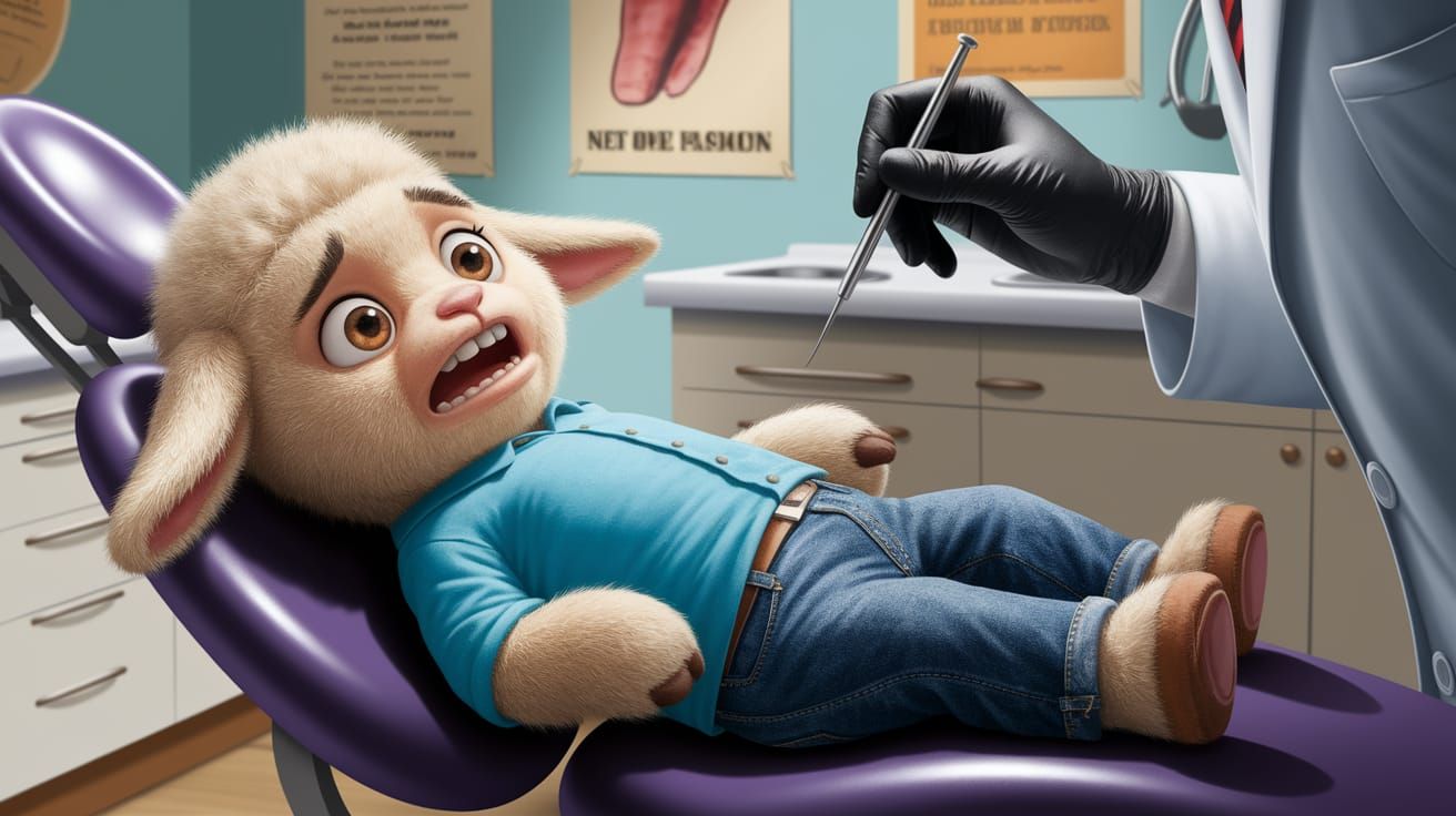 Scared Lamb in Dentist Chair: Expressive Photo-realistic Art