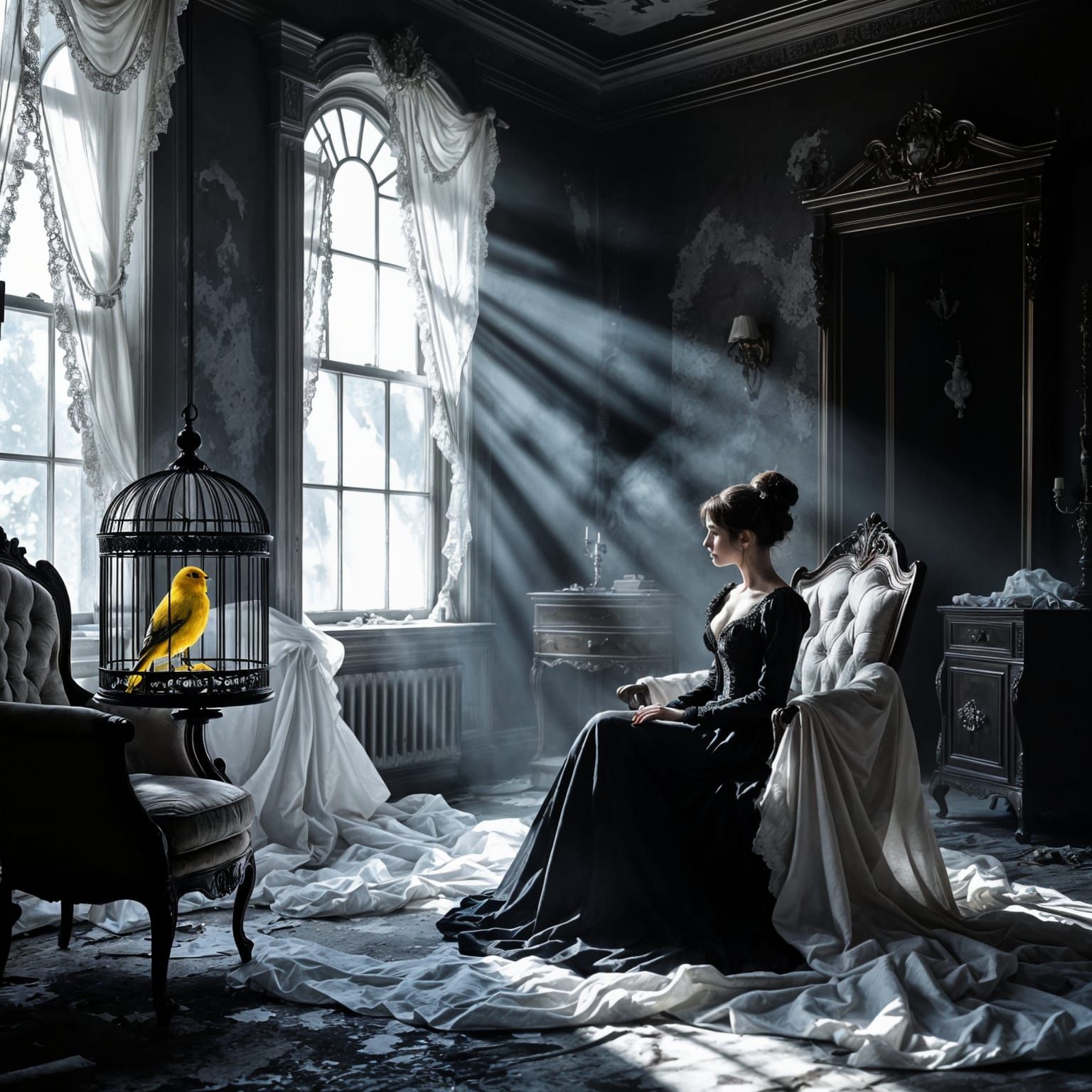 Victorian Mansion Scene with Yellow Canary in Charcoal