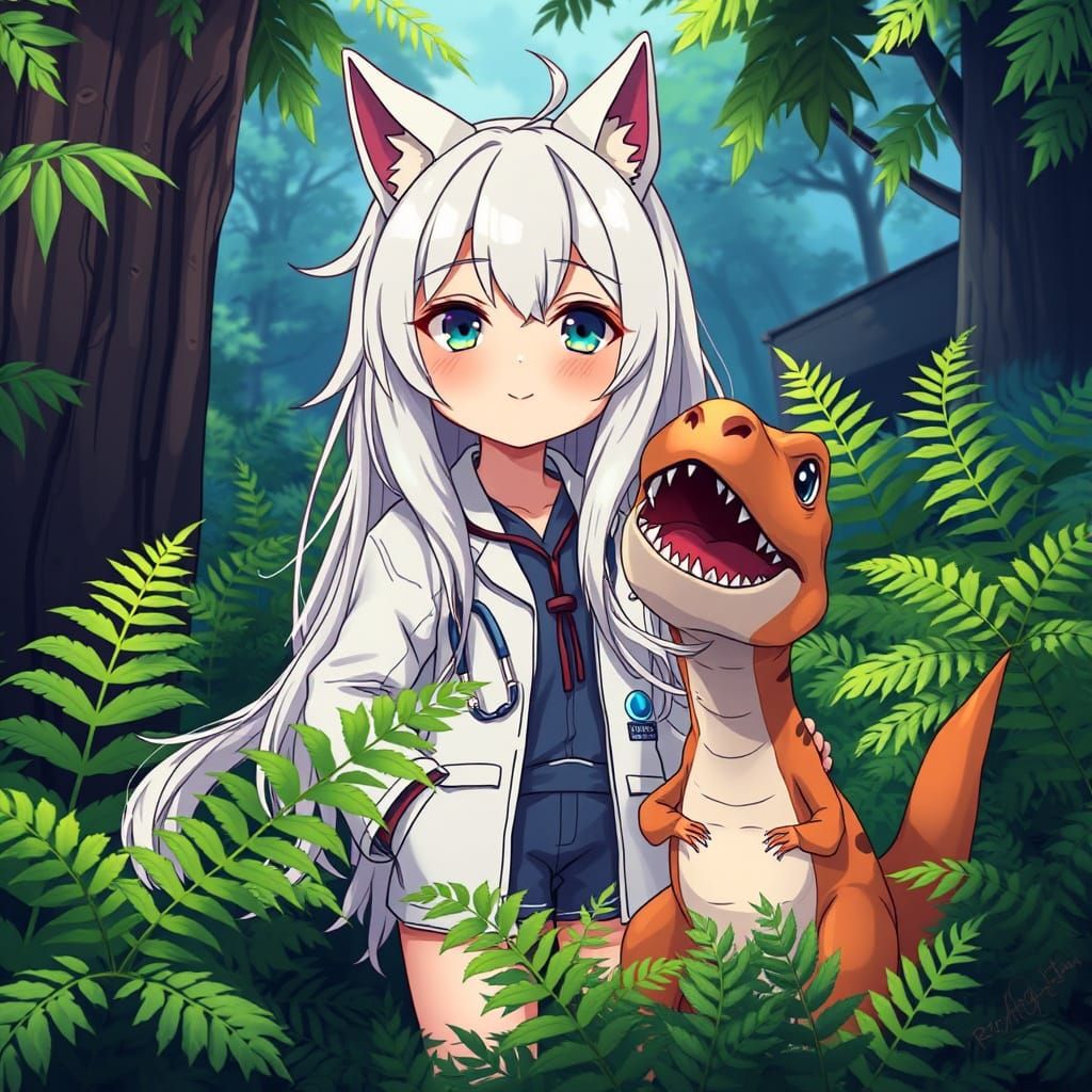 Anime Girl with Dinosaur in Lush Fern Garden