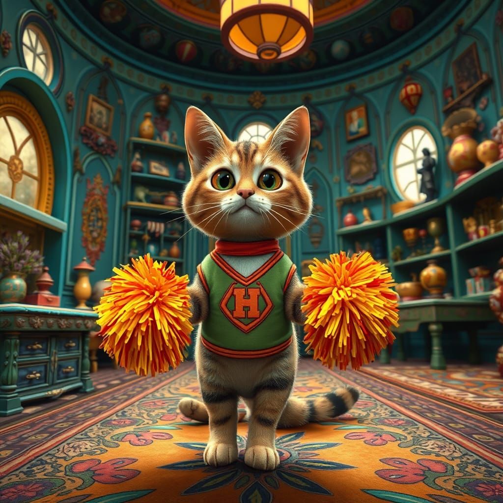 Tabby Cat Cheerleader in Whimsical Fantasy Home