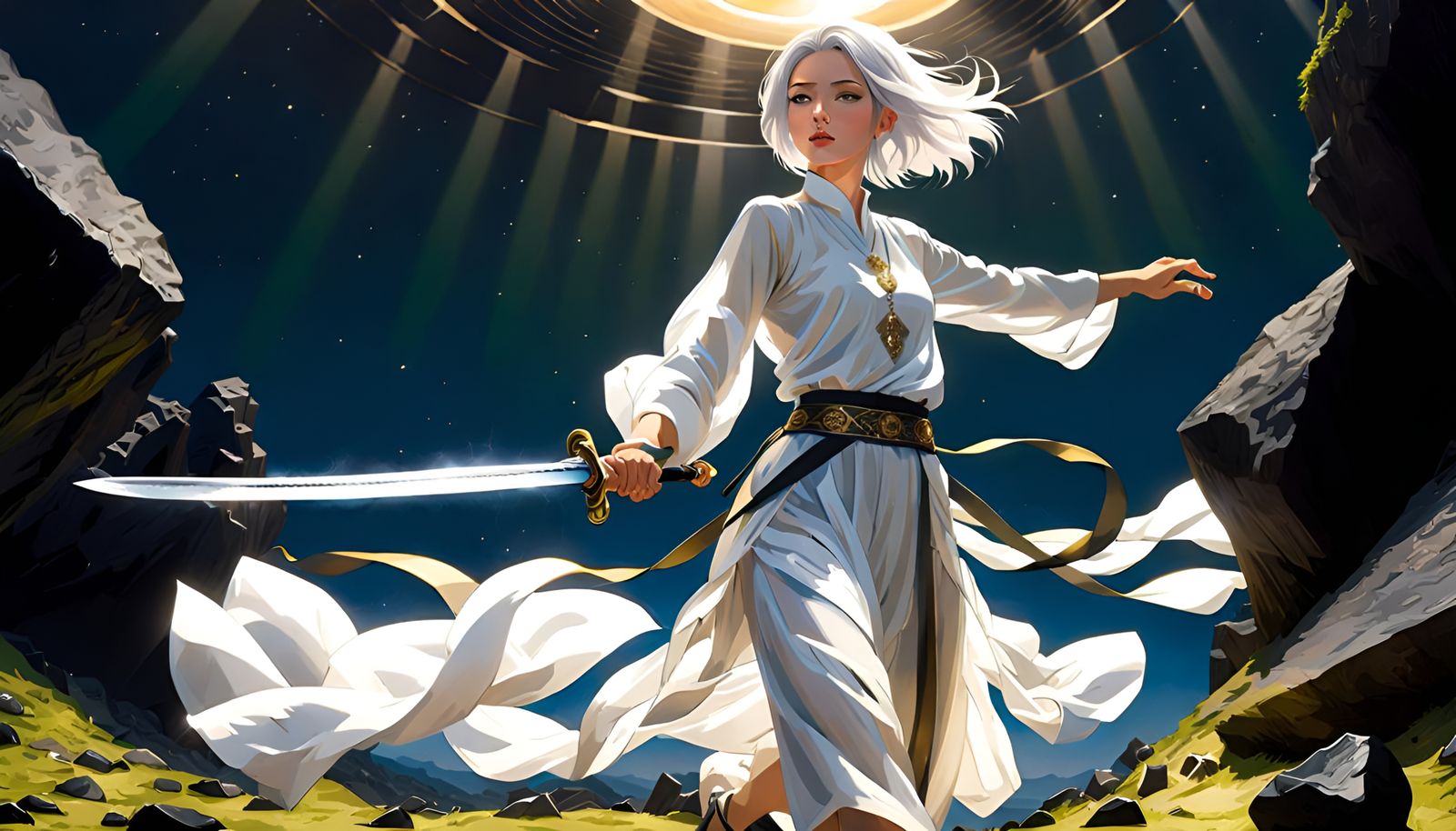 Silver-Haired Girl Sword Practice Under Seven Suns