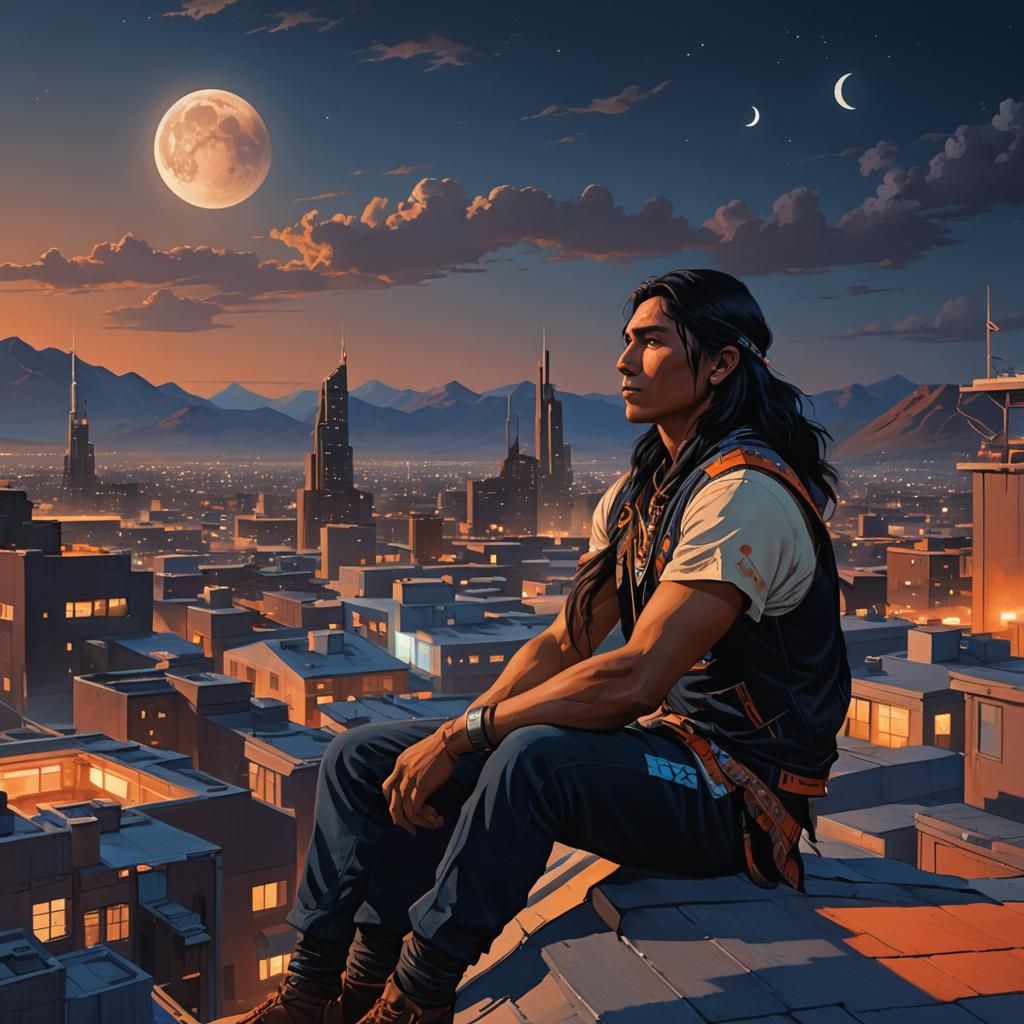 Native American Man Gazing at Moon as Matte Painting