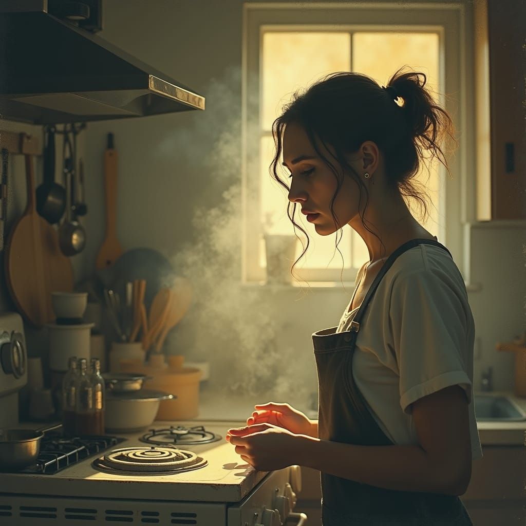 Surreal Kitchen Scene with Ethereal Mist