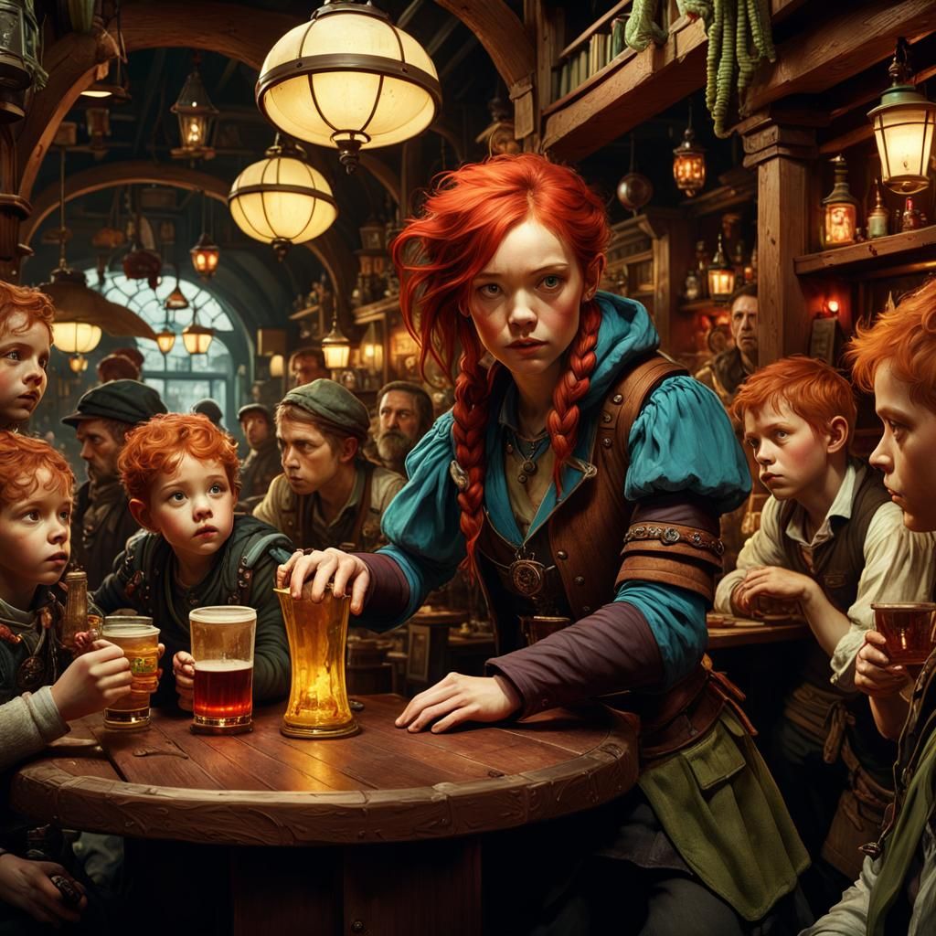 Redhead Thief in Crowded Tavern: Cinematic Digital Art