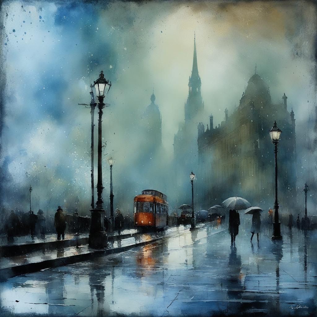 Rainy Cityscape in Watercolor with Intricate Detail