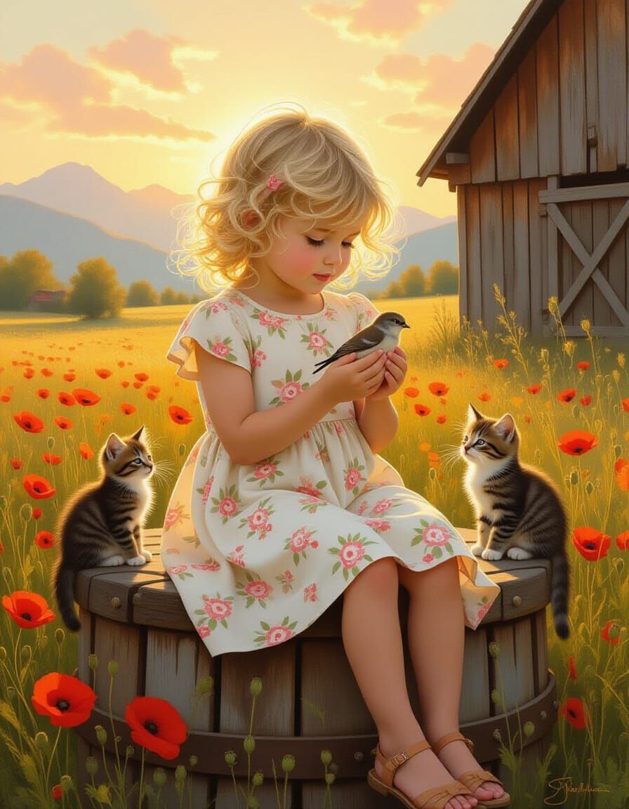 Impressionist Oil Painting of Girl Holding Bird at Sunrise