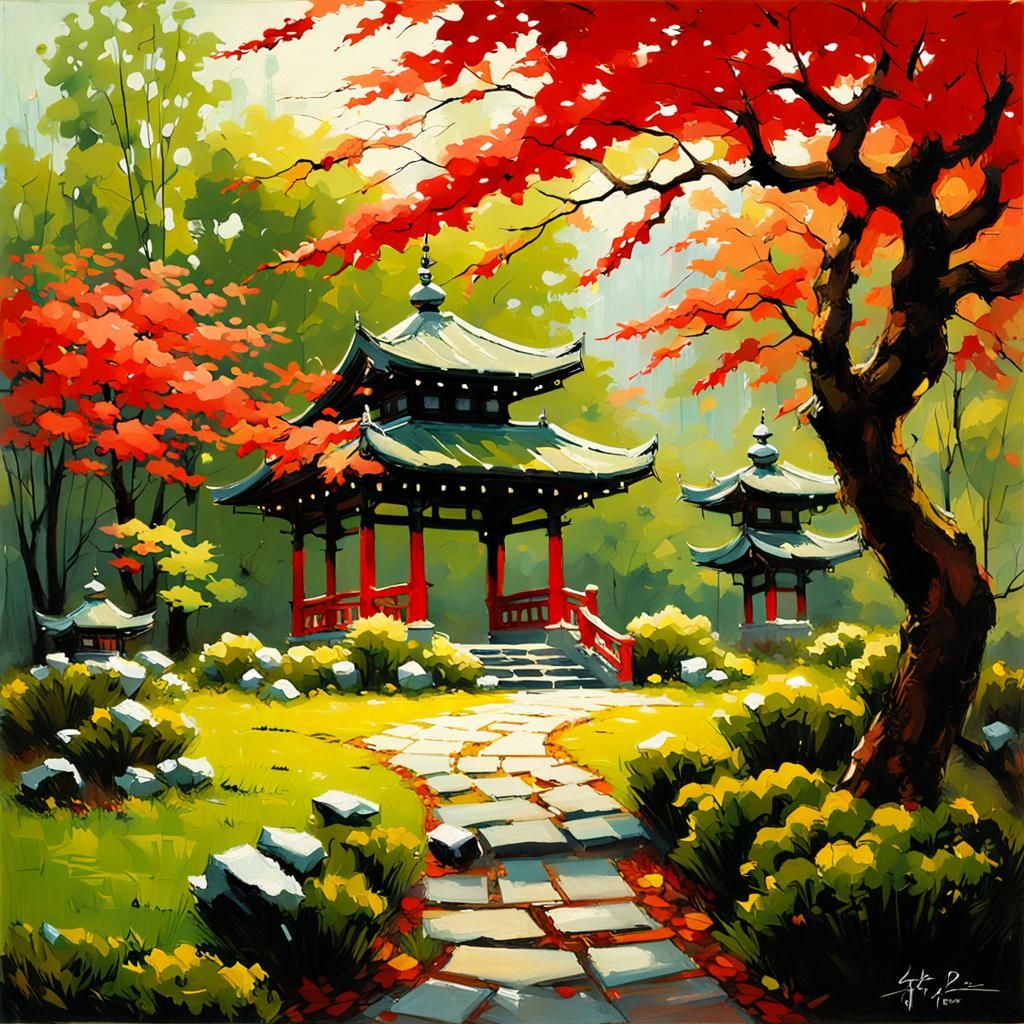 Japanese Garden with Stone Lanterns in Autumn Hues