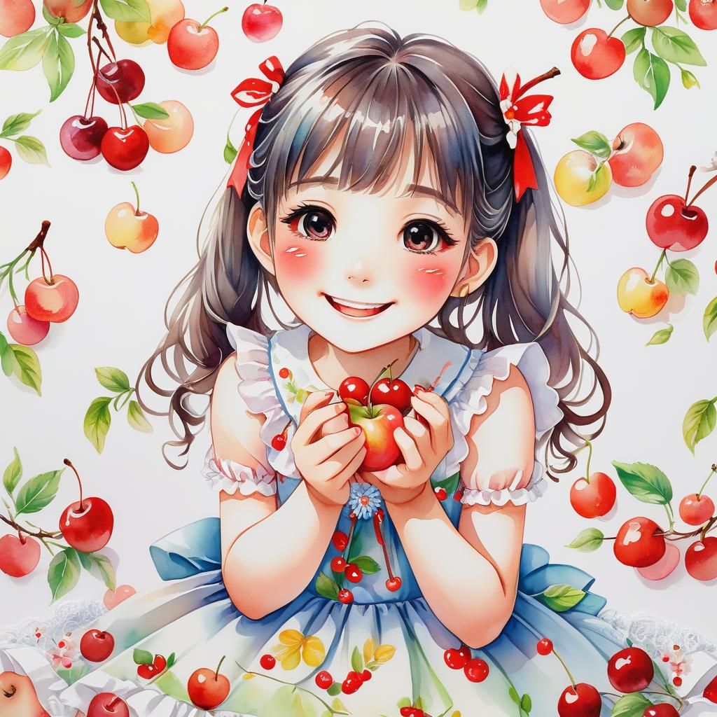 Smiling Anime Girl Eating Fruit in Watercolor Style