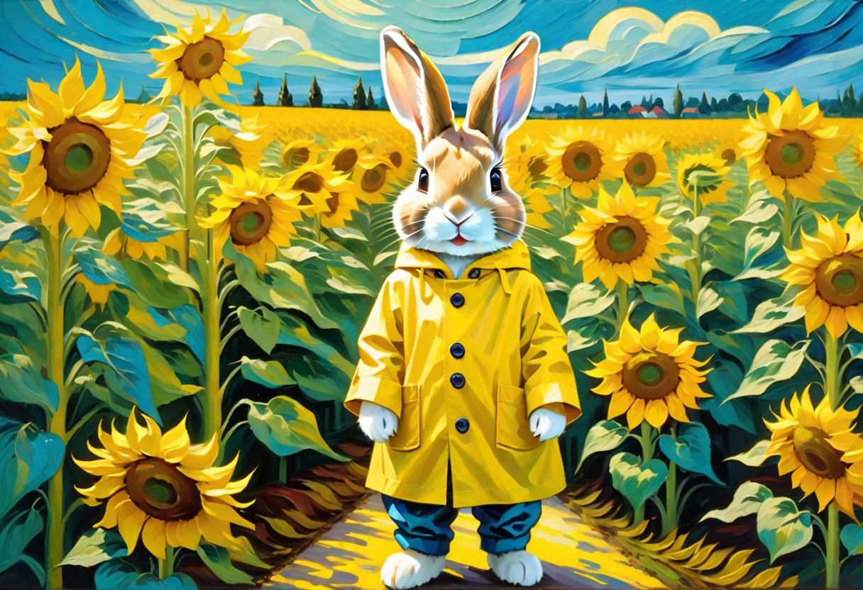 Rabbit in Sunflower Field: Expressionist Oil Painting